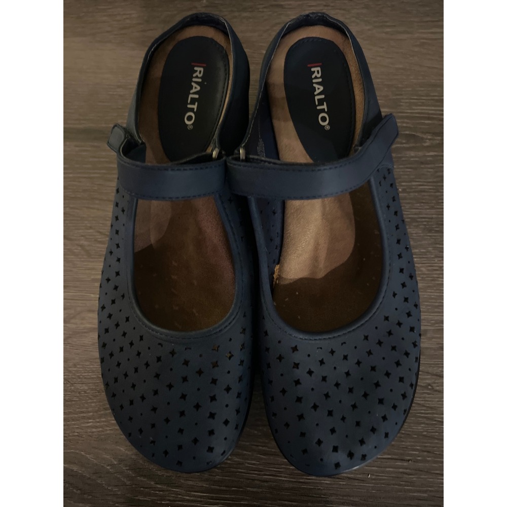 Rialto Women's Navy Blue Perforated Mary Jane Comfort Wedge Clogs Mules Size 10